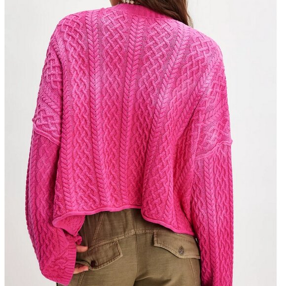 Free People Washed Ashore Cardi Knit Oversized Hot Pink Combo - Picture 3 of 8